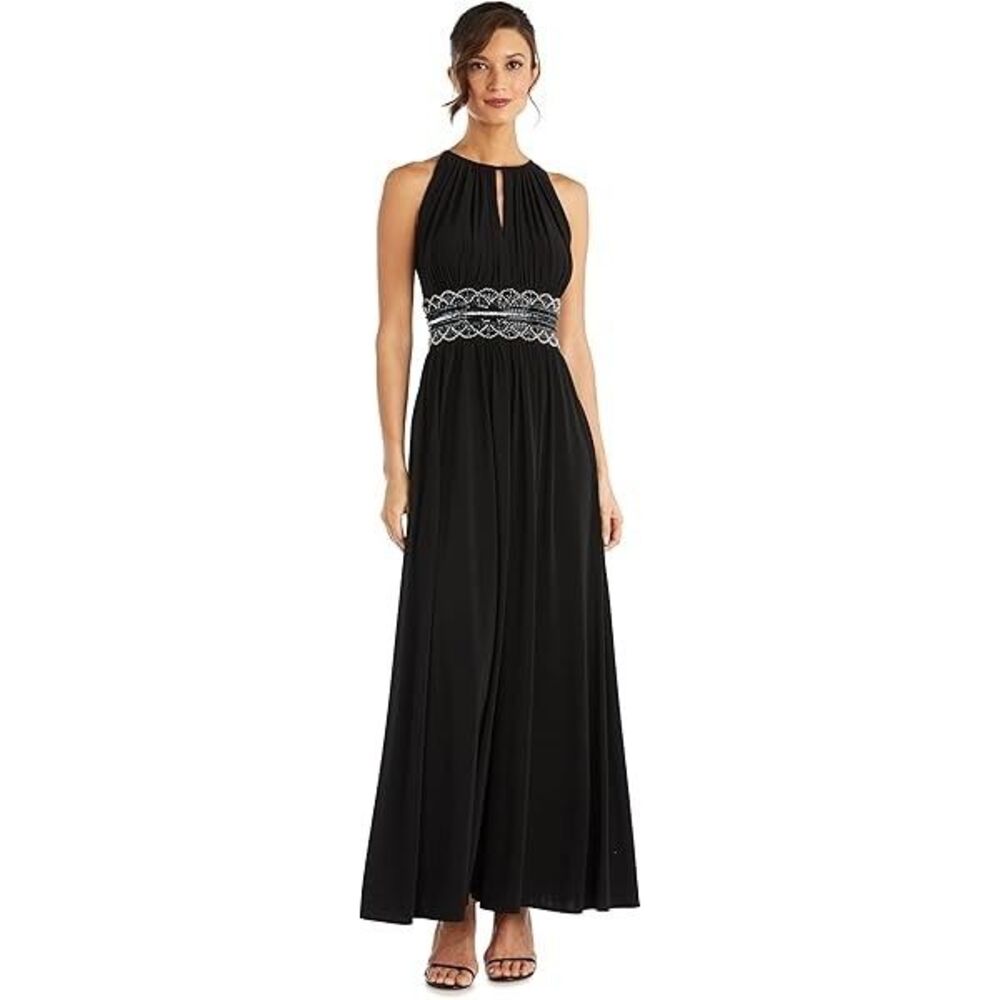 R&M Richard Gown Long Dress Black Sequin Midriff Bare Shoulders Front Slit Sz 8 - Picture 1 of 8